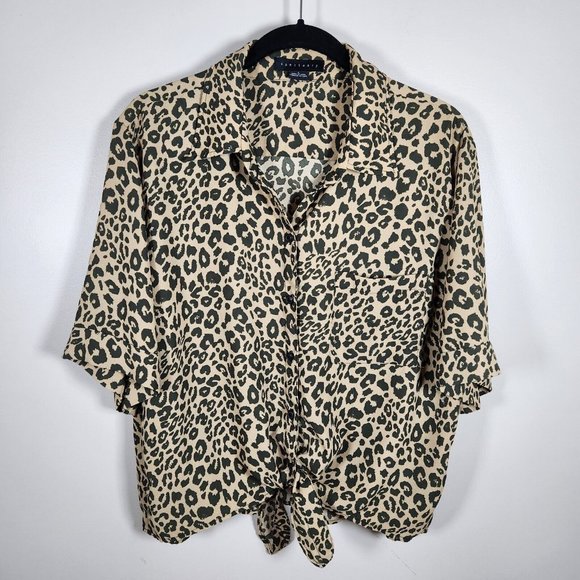 Sanctuary Tops - Sanctuary Top Womens L Brown Button Up Animal Print Tie Waist Boxy Blouse Shirt